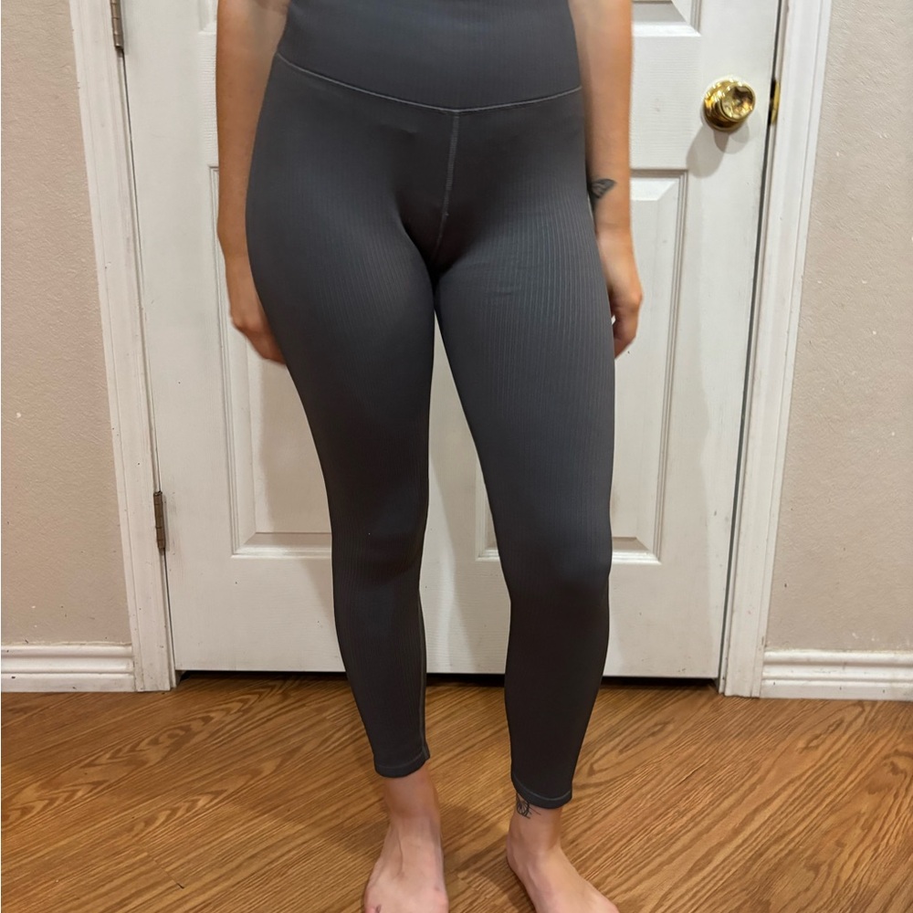 Good American Ribbed Stylish Charcoal Grey Yoga Workout Leggings Size 1/2